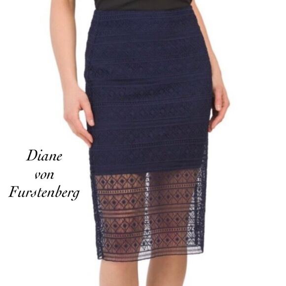 Diane Von Furstenberg Dresses & Skirts - Diane von Furstenberg Navy Glimmer Lace Crochet Knee Length Skirt NWT Size 2